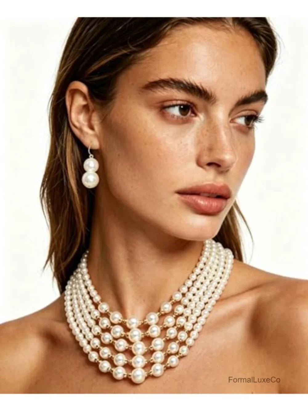 Faux Pearl Bead Cluster Collar Bib Choker Necklace and Earrings Set